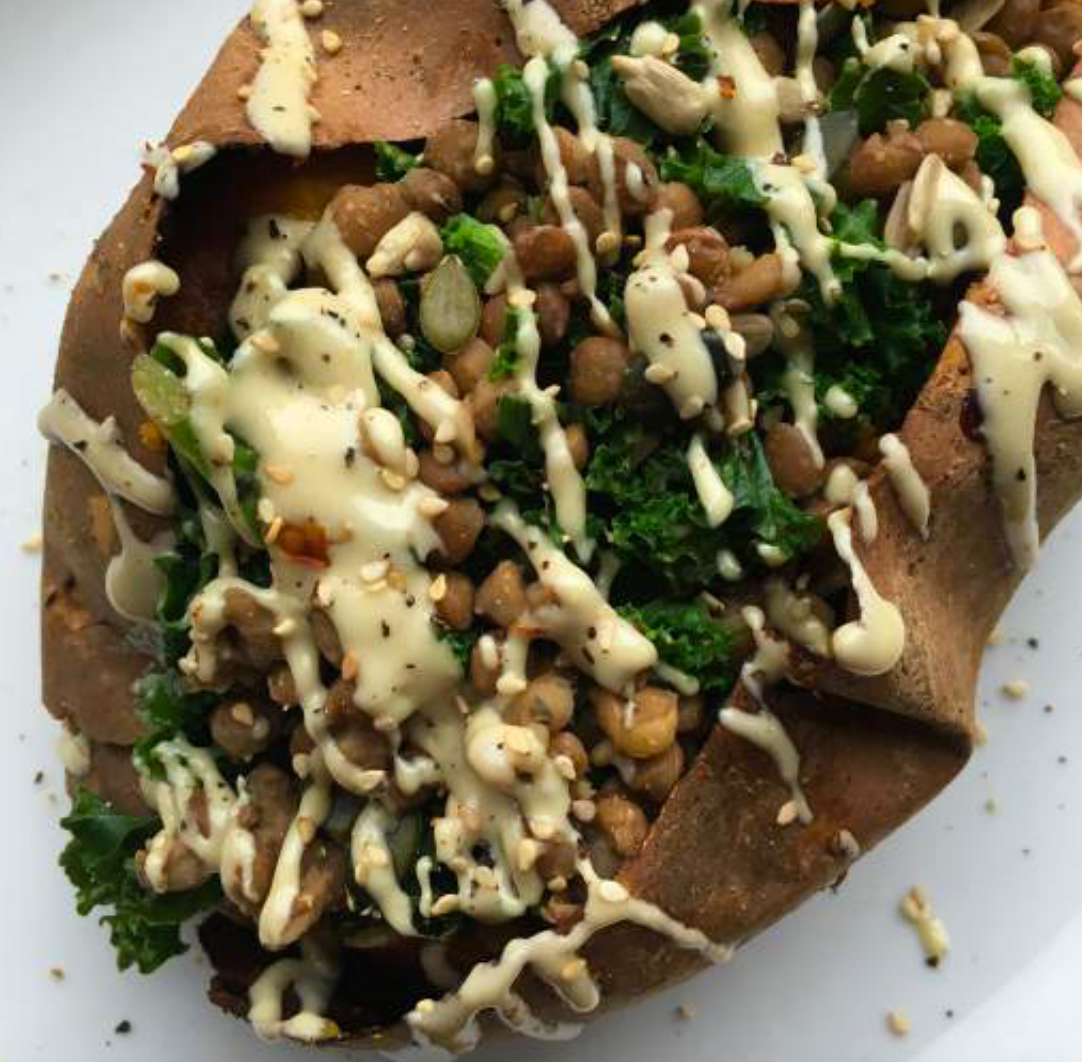 STUFFED SWEET POTATO WITH LENTIL, KALE AND TAHINI